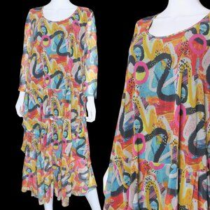 Kozan Abstract Multicolor Long Sleeve Dress Wearable Mesh Art Travel Women’s 2X